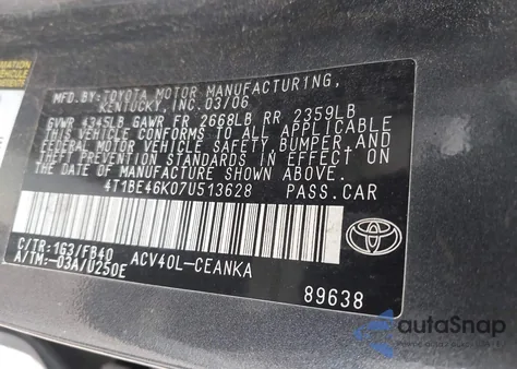 2007 Toyota Camry Le z USA, uszkodzony, nr VIN 4T1BE46K07U513628